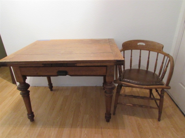 ANTIQUE WOOD TABLE THAT EXTENDS AND ANTIQUE CHAIR