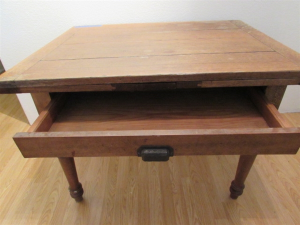 ANTIQUE WOOD TABLE THAT EXTENDS AND ANTIQUE CHAIR
