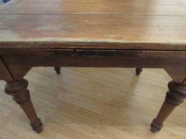 ANTIQUE WOOD TABLE THAT EXTENDS AND ANTIQUE CHAIR