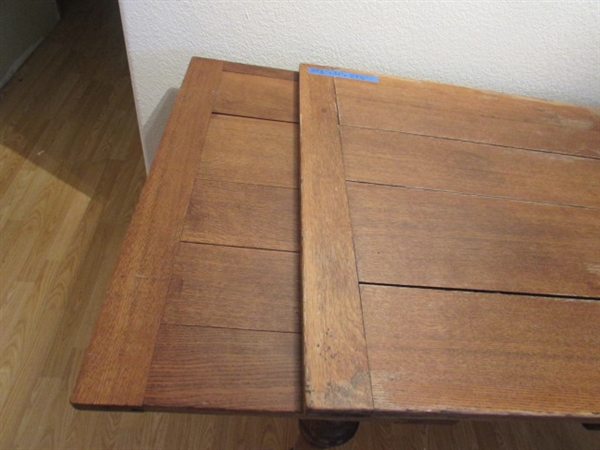 ANTIQUE WOOD TABLE THAT EXTENDS AND ANTIQUE CHAIR