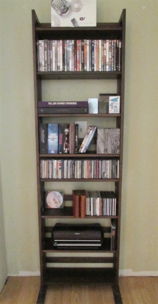 MOVIE/DVD SHELVING UNIT, YAHOO DVD/CD PLAYER, DVD MOVIES AND MUSIC ON DVD'S