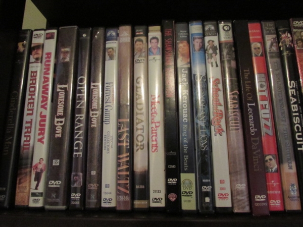 MOVIE/DVD SHELVING UNIT, YAHOO DVD/CD PLAYER, DVD MOVIES AND MUSIC ON DVD'S