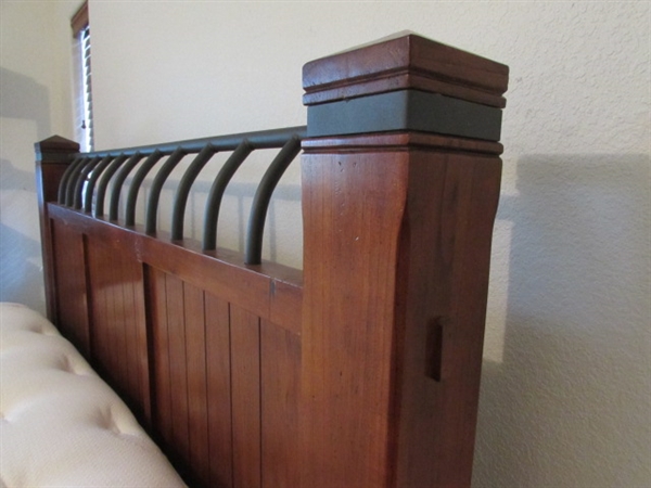 SIMMONS DEEP SLEEP PILLOW TOP MATTRESS AND BOX SPRING WITH QUEEN SIZE HEADBOARD AND FRAME.