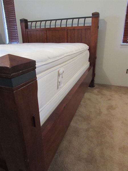 SIMMONS DEEP SLEEP PILLOW TOP MATTRESS AND BOX SPRING WITH QUEEN SIZE HEADBOARD AND FRAME.