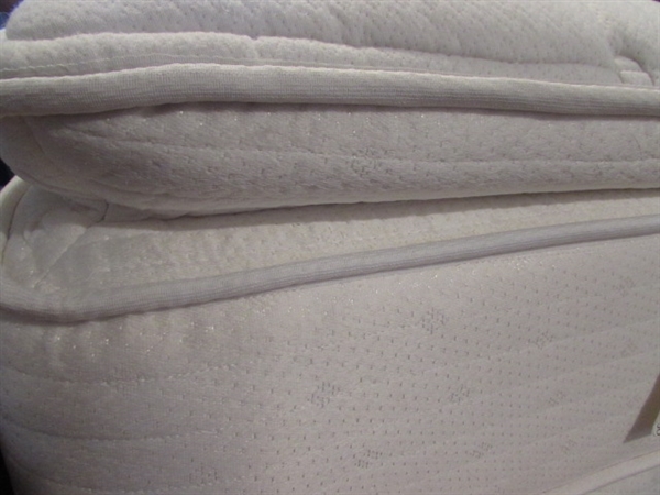 SIMMONS DEEP SLEEP PILLOW TOP MATTRESS AND BOX SPRING WITH QUEEN SIZE HEADBOARD AND FRAME.