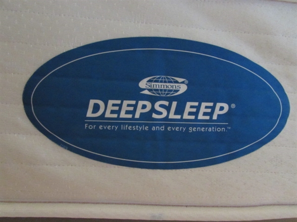 SIMMONS DEEP SLEEP PILLOW TOP MATTRESS AND BOX SPRING WITH QUEEN SIZE HEADBOARD AND FRAME.