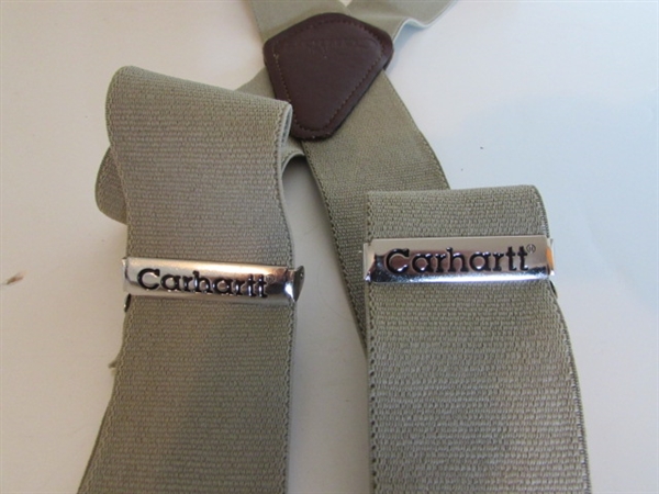 MEN'S ORVIS STRAW HAT, NEW MERINO WOOL SOCKS, CARHARTT SUSPENDERS, LEATHER BELTS AND WOODEN HANGERS