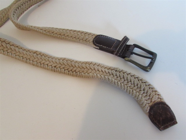 MEN'S ORVIS STRAW HAT, NEW MERINO WOOL SOCKS, CARHARTT SUSPENDERS, LEATHER BELTS AND WOODEN HANGERS