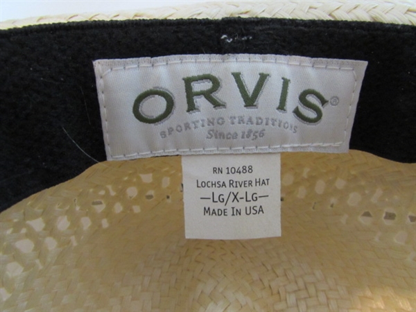 MEN'S ORVIS STRAW HAT, NEW MERINO WOOL SOCKS, CARHARTT SUSPENDERS, LEATHER BELTS AND WOODEN HANGERS