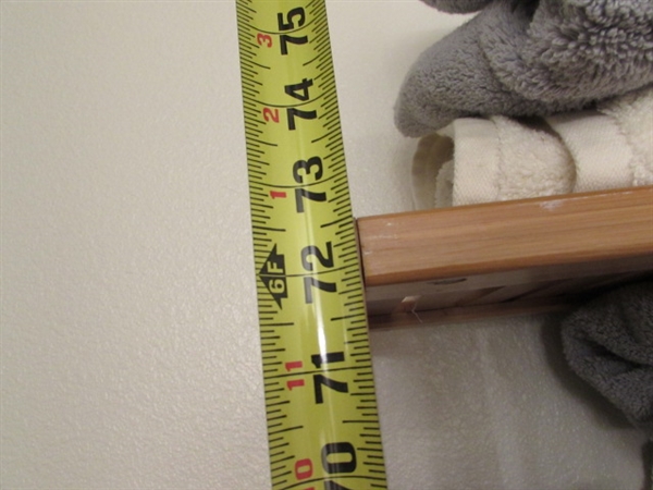 OVER THE TOILET WOODEN SHELF UNIT AND TOWELS