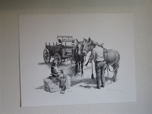 STEPHEN HUBBELL SIGNED & NUMBERED PRINT - WAGON, COWBOY & CHILD