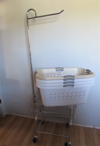 ROLLING LAUNDRY CART & 4 LAUNDRY BASKETS