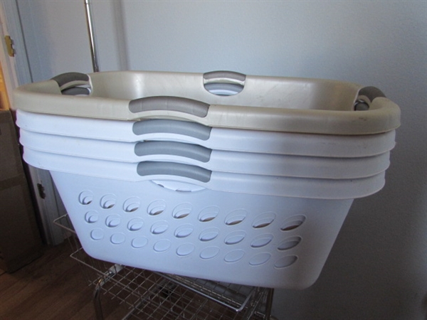 ROLLING LAUNDRY CART & 4 LAUNDRY BASKETS