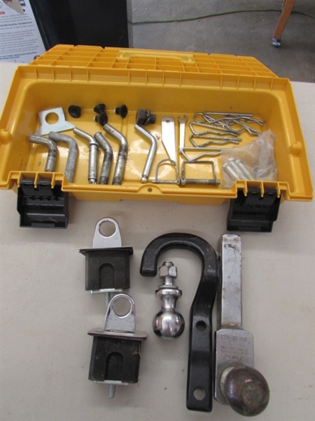 BOX OF ASSORTED BALL HITCHES AND HITCH PINS