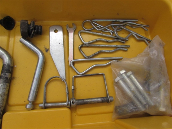 BOX OF ASSORTED BALL HITCHES AND HITCH PINS