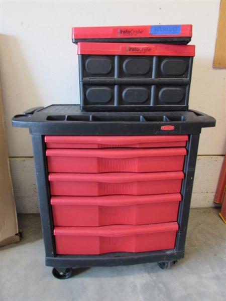RUBBERMAID ROLLING TOOL CHEST AND 2 INSTACRATE BOXES
