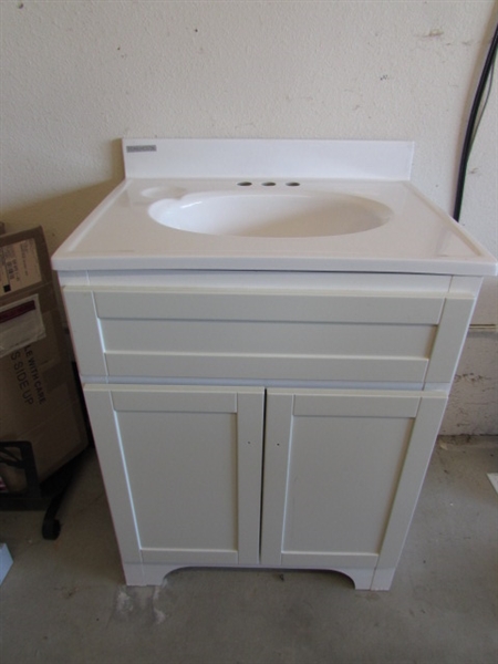 WHITE VANITY, SINK AND MIRROR CABINET