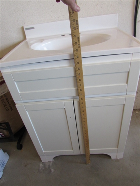 WHITE VANITY, SINK AND MIRROR CABINET