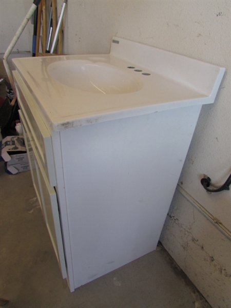 WHITE VANITY, SINK AND MIRROR CABINET