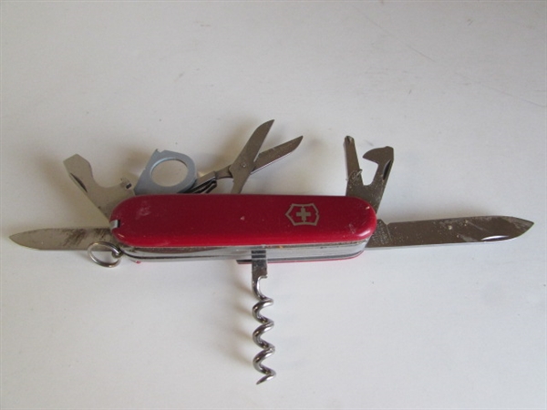 CAMPERS SUPPLIES- SHOVEL, AXE, BINOCULARS, SWISS ARMY KNIFE AND LIGHT