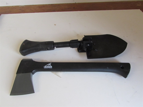 CAMPERS SUPPLIES- SHOVEL, AXE, BINOCULARS, SWISS ARMY KNIFE AND LIGHT