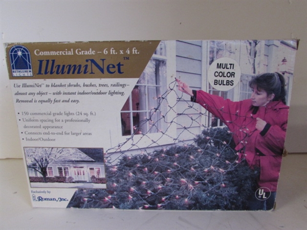 CHRISTMAS LIGHTS, BULBS, WHITE FUR TREE SKIRT AND MORE