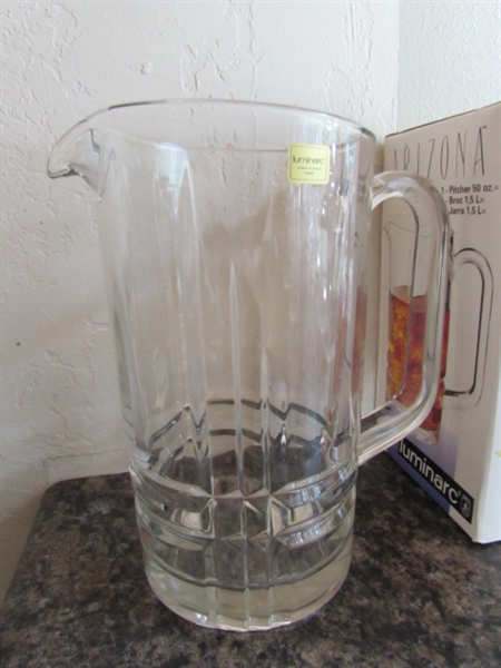 PRESSED AND CUT GLASS VASES AND LUMINARC 50.OZ WATER PITCHER