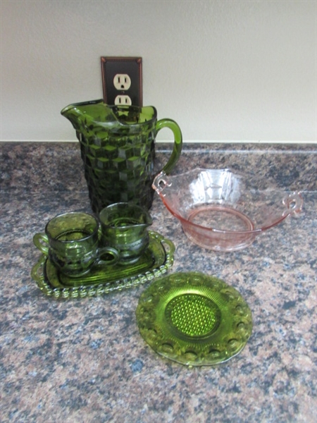 VINTAGE OLIVE GREEN FOSTORIA AMERICAN WATER PITCHER, KING'S CROWN SUGAR BOWL AND CREAMER WITH VINTAGE PEACH BOWL