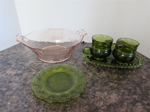 VINTAGE OLIVE GREEN FOSTORIA AMERICAN WATER PITCHER, KING'S CROWN SUGAR BOWL AND CREAMER WITH VINTAGE PEACH BOWL