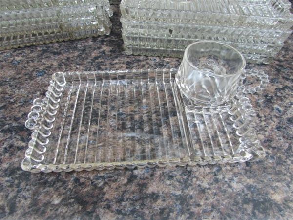 VINTAGE IMPERIAL GLASS SALT & PEPPER SHAKERS, VINTAGE HAZEL ATLAS BALL AND RIB BEAD GLASS SIP AND SMOKE LUNCH TRAYS