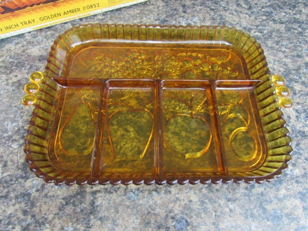 CORNINGWARE FLORAL BOUQUET SERVING PLATTER, VINTAGE AMBER GLASS SERVING TRAY AND SPOON REST