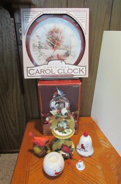 CHRISTMAS CAROL CLOCK, CARDINAL SNOW GLOBE & MORE