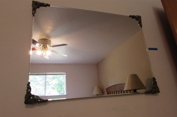 VINTAGE BEVELED EDGE WALL MIRROR WITH ORNATE CORNERS