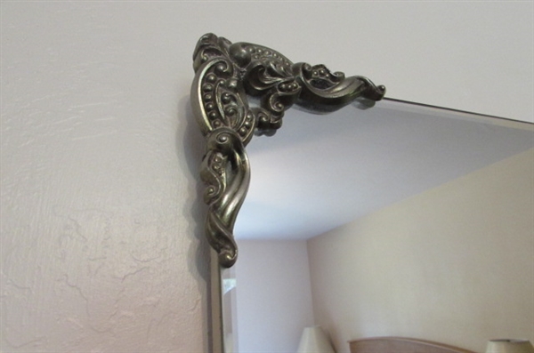 VINTAGE BEVELED EDGE WALL MIRROR WITH ORNATE CORNERS