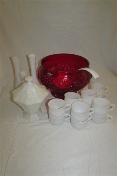 RUBY RED PUNCH BOWL w/MILK GLASS CUPS & MORE