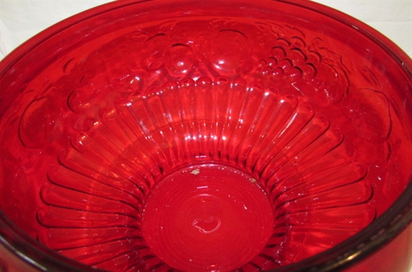 RUBY RED PUNCH BOWL w/MILK GLASS CUPS & MORE