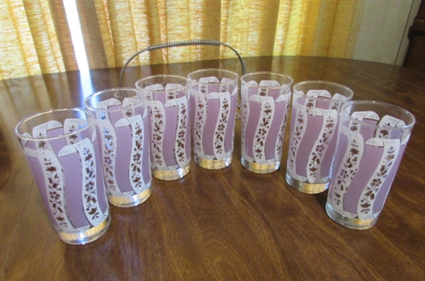 7 MID CENTURY LILAC FLORAL HIGHBALL GLASSES W/CARRIER