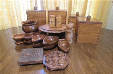 WOODEN CANISTERS, CAKE STAND AND MORE