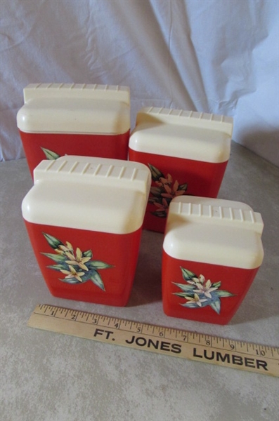 VINTAGE WARM-O-TRAY, CANISTERS & WALL CLOCK