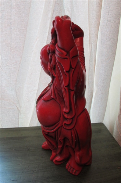 MID CENTURY RED HAPPY BUDDHA 19 STATUE