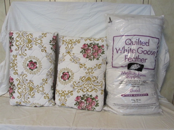 PAIR OF NEW VINTAGE ACCENT PILLOWS & KING DOWN FILLED PILLOW