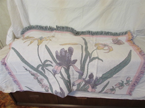 VINTAGE TAPESTRY BEDSPREAD & NEW WOVEN IRIS THROW