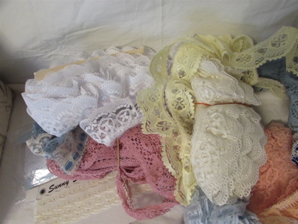 SEWING BASKET WITH NOTIONS AND LOTS OF LACE TRIM