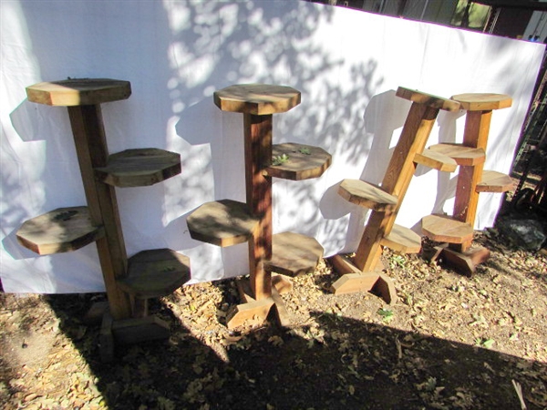 4 MATCHING HEAVY DUTY PLANT STANDS - WOOD