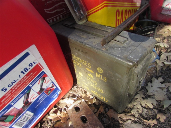 VINTAGE METAL FUEL CANS, HITCHES AND MORE