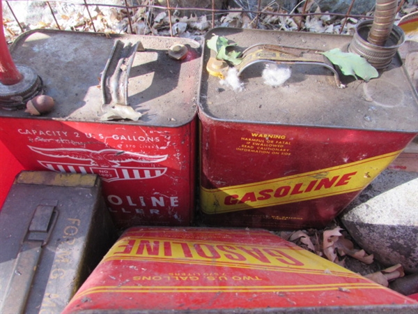 VINTAGE METAL FUEL CANS, HITCHES AND MORE