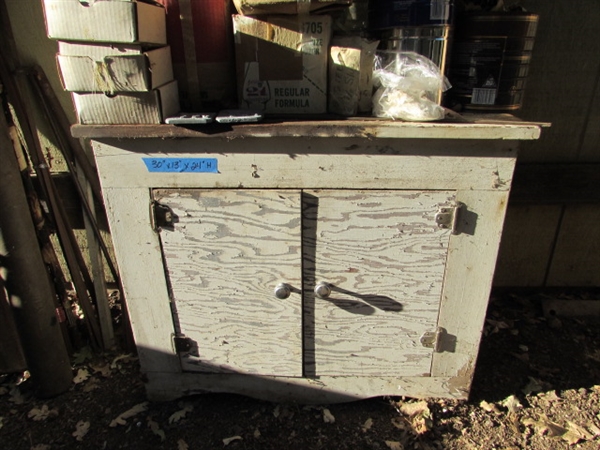 SMALL WOOD CABINET FULL OF ASSORTED METAL
