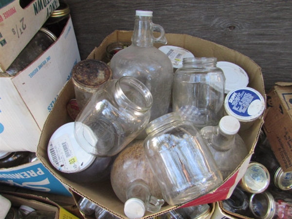 OVER A DOZEN BOXES OF CANNING JARS, JUGS & BOTTLES - ALL GLASS