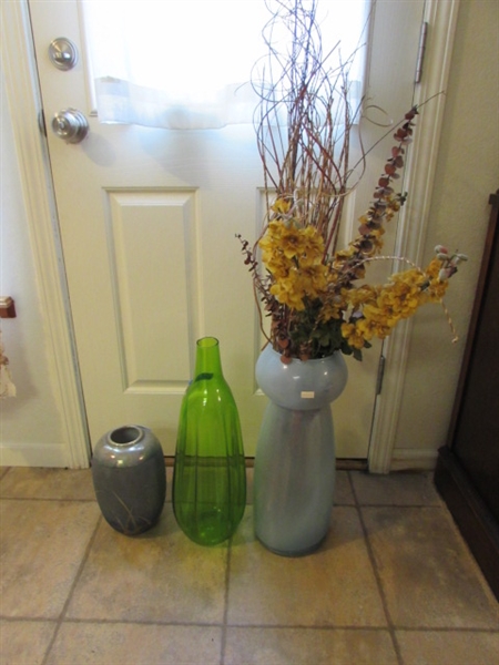 TALL GLASS VASES & A CLAY VASE