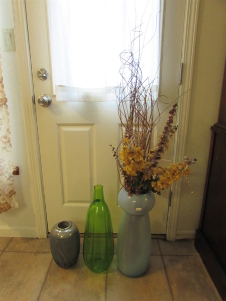 TALL GLASS VASES & A CLAY VASE